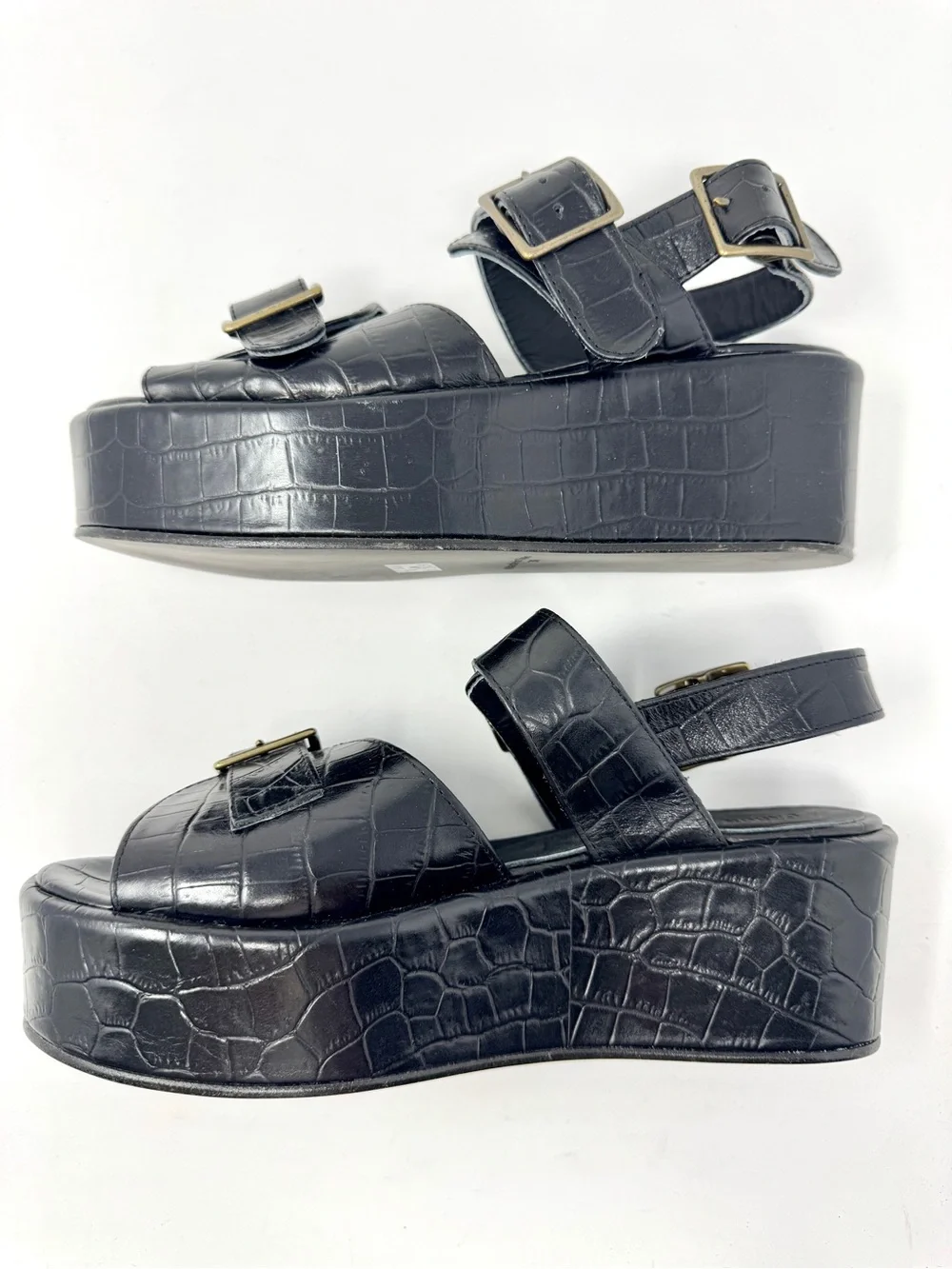Caron Callahan Margaret Platform Sandal Faux Crocodile Buckle Straps Black Sz 9